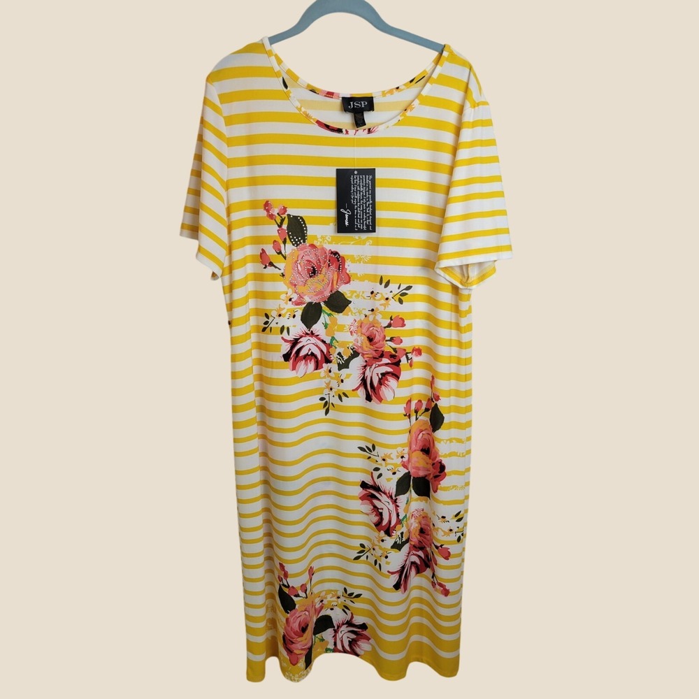 JSP T-Shirt Dress Short Sleeve Floral Striped Rhinestone Casual Summer Yellow XL